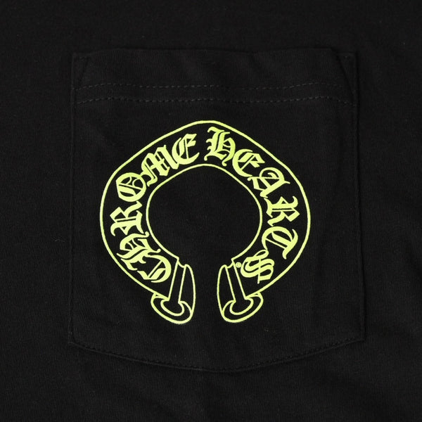 新品未使用 CHROME HEARTS クロムハーツ 長袖Tシャツ サイズL フローラルクロス ホースシュー ブラック ライムグリーン 新型 中古 4a004018