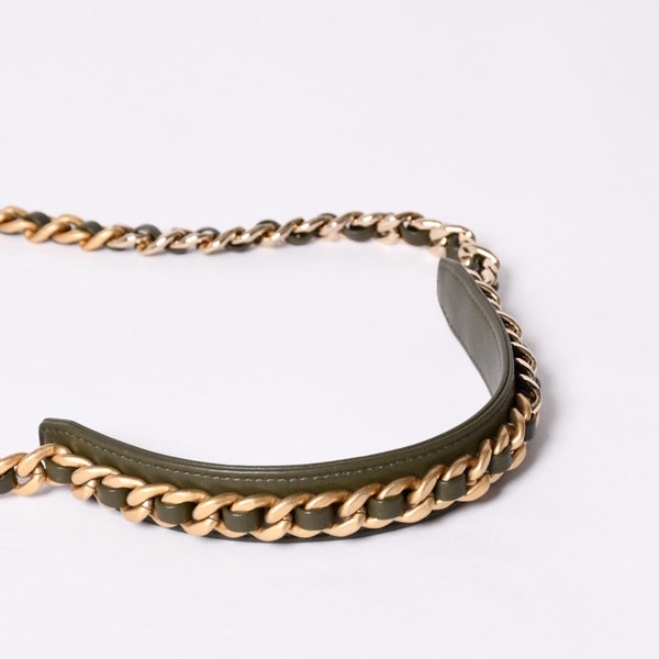 New and unused CHANEL shoulder bag chain 19 here mark lambskin round type khaki gold hardware used 4a001634