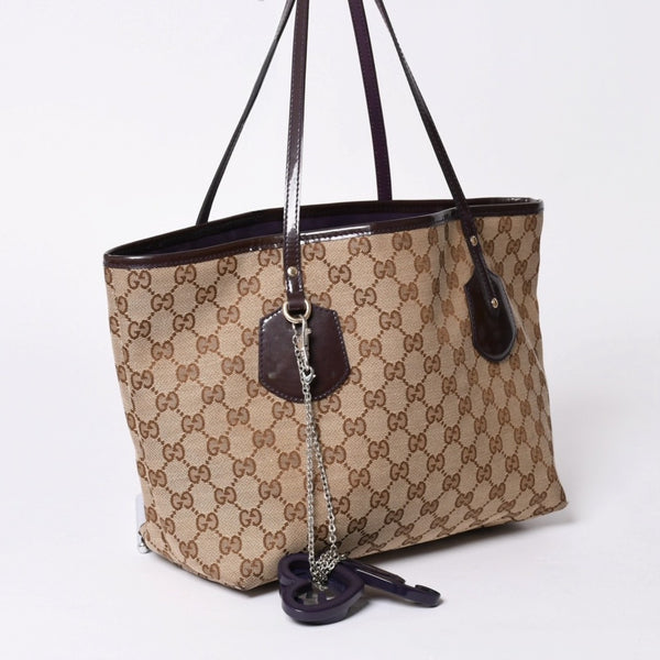 GUCCI グッチ JOLLY TOTE BAG ジョリー トートバッグ 211976 GGキャンバス パテントレザー チャーム付き 美品 中古 4a001685