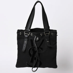 YVES SAINT LAURENT イヴサンローラン カハラ ハンドバッグ 123435 キャンバス レザー ブラック ロゴ刺繍 美品 中古 4a001691