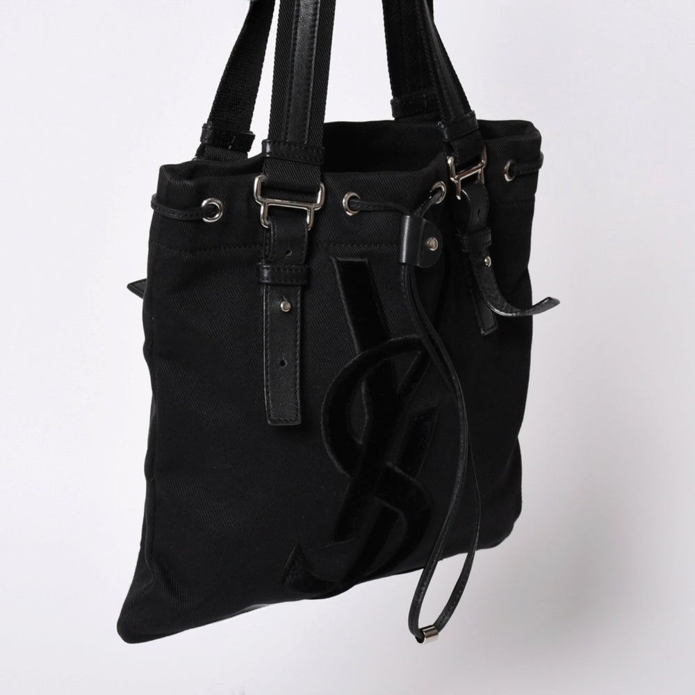 YVES SAINT LAURENT イヴサンローラン カハラ ハンドバッグ 123435 キャンバス レザー ブラック ロゴ刺繍 美品 中古 4a001691