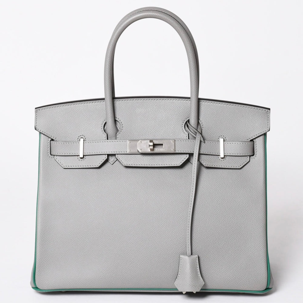 Like new SPO HERMES Birkin 30 handbag Vaux Epson gray green matte silver hardware C stamp used 4a002000
