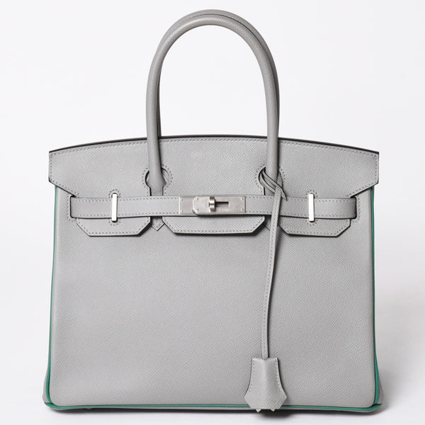 新品同様 SPO HERMES エルメス バーキン30 ハンドバッグ ヴォーエプソン グレー グリーン マットシルバー金具 C刻印 中古 4a002000