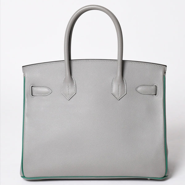 新品同様 SPO HERMES エルメス バーキン30 ハンドバッグ ヴォーエプソン グレー グリーン マットシルバー金具 C刻印 中古 4a002000