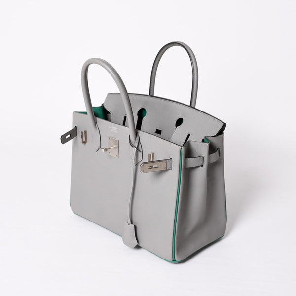 新品同様 SPO HERMES エルメス バーキン30 ハンドバッグ ヴォーエプソン グレー グリーン マットシルバー金具 C刻印 中古 4a002000