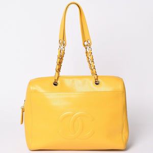 CHANEL シャネル チェーンワンショルダーバッグ 5番台 ココマーク ステッチ キャビアスキン イエロー 美品 中古 4a001235