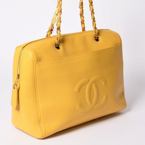 CHANEL シャネル チェーンワンショルダーバッグ 5番台 ココマーク ステッチ キャビアスキン イエロー 美品 中古 4a001235