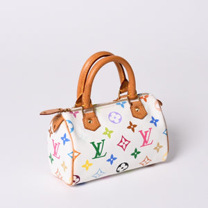Very good condition LOUIS VUITTON Monogram Multicolor Mini Speedy Handbag M92645 PVC Tanned Leather White Takashi Murakami Used 4a001629