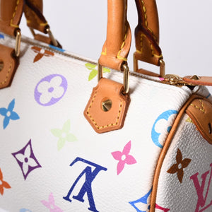 Very good condition LOUIS VUITTON Monogram Multicolor Mini Speedy Handbag M92645 PVC Tanned Leather White Takashi Murakami Used 4a001629
