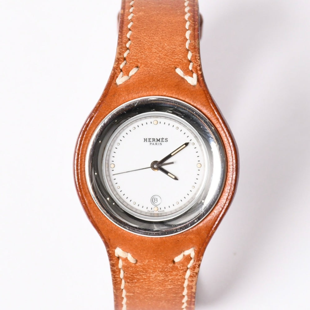 極美品 HERMES エルメス アーネ HA1.210 ステンレススチール×レザー ブラウン ⚪︎Z刻印 クオーツ アナログ表示 白文字盤 腕時計 中古 4a001797