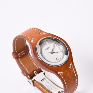 Mint condition HERMES Arce HA1.210 stainless steel x leather brown ⚪Z-stamped quartz analog watch with white dial, pre-owned, item number 4a001797