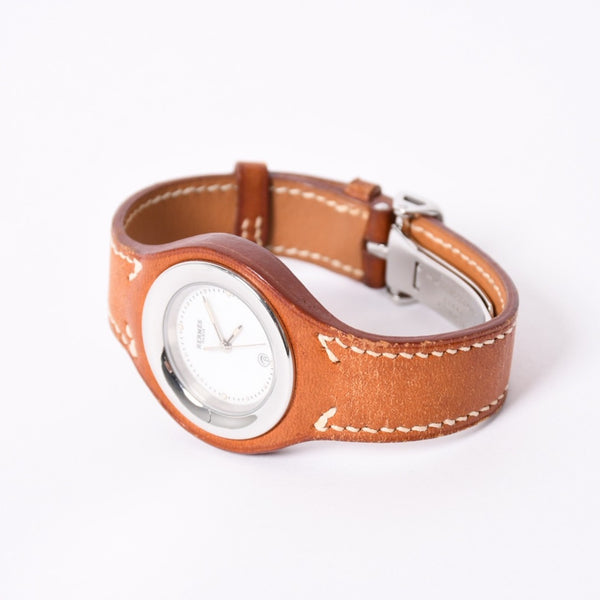 Mint condition HERMES Arce HA1.210 stainless steel x leather brown ⚪Z-stamped quartz analog watch with white dial, pre-owned, item number 4a001797