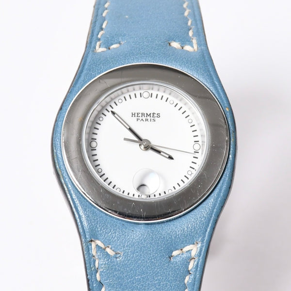 極美品 HERMES エルメス アーネ HA3.210 ステンレススチール×レザー ブルー ◻︎I刻印 クオーツ アナログ表示 白文字盤 腕時計 中古 4a001796