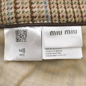 極美品 MIUMIU ミュウミュウ プリッツスカート MG1875 サイズ38 ロゴパッチ チェック ベージュ ウール 中古 4a001750
