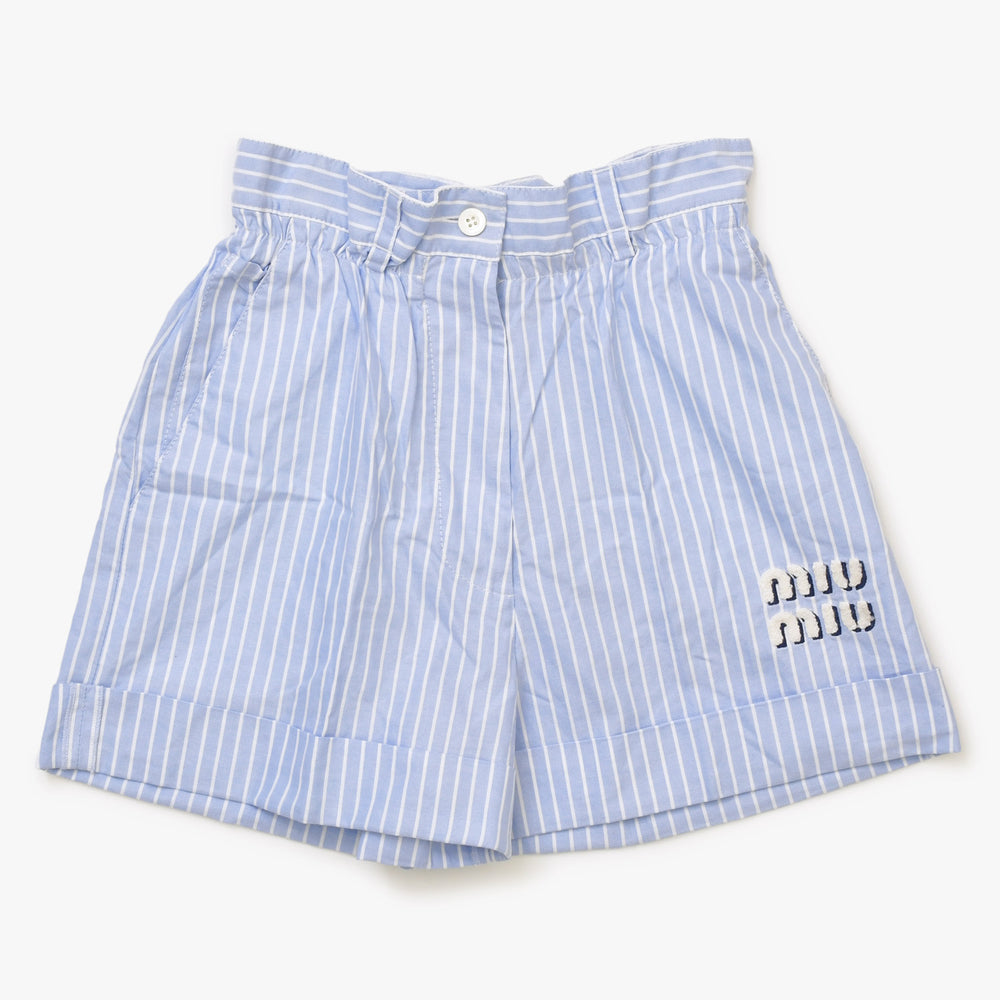 極美品 MIUMIU ミュウミュウ ショーツ ストライプ ショートパンツ MP1549 サイズ36 ロゴパッチ ブルー 中古 4a001754
