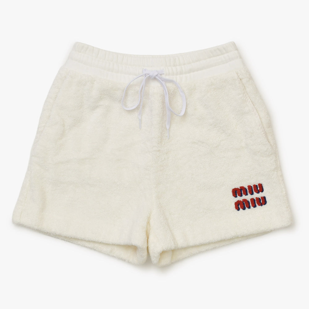 極美品 MIUMIU ミュウミュウ ショーツ ボアショートパンツ MJP274 サイズ36 ロゴパッチ アイボリー 中古 4a001755