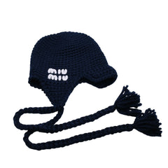 Very Good Condition MIU MIU Virgin Wool Logo Crochet Knit Cap Navy Ear Flap Wool Good Condition Used 4a001758