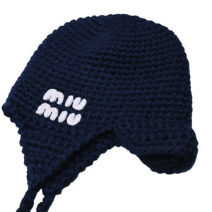 Very Good Condition MIU MIU Virgin Wool Logo Crochet Knit Cap Navy Ear Flap Wool Good Condition Used 4a001758