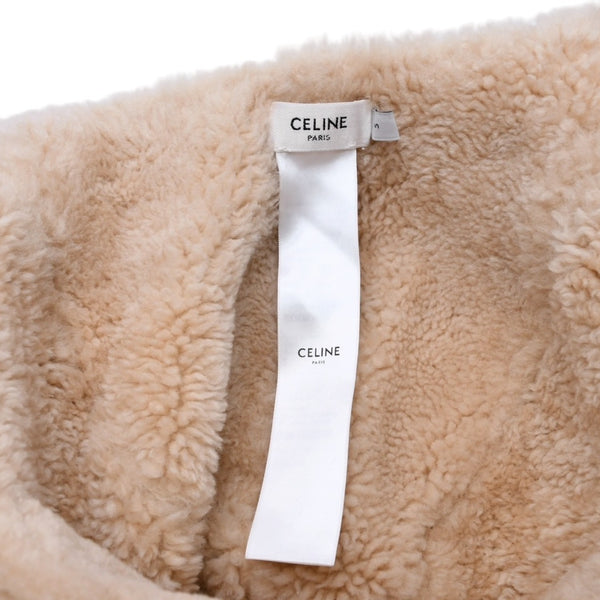 CELINE セリーヌ トリオンフ チャプカハット シアリング 帽子 サイズS ロゴパッチ ベージュ 良品 中古 4a001757
