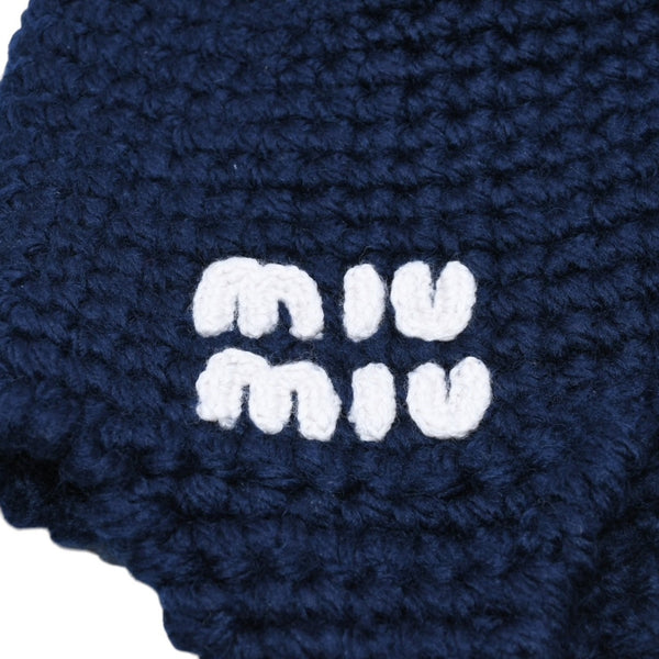 Very Good Condition MIU MIU Virgin Wool Logo Crochet Knit Cap Navy Ear Flap Wool Good Condition Used 4a001758