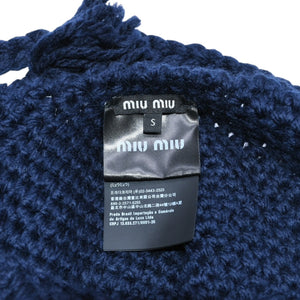 Very Good Condition MIU MIU Virgin Wool Logo Crochet Knit Cap Navy Ear Flap Wool Good Condition Used 4a001758