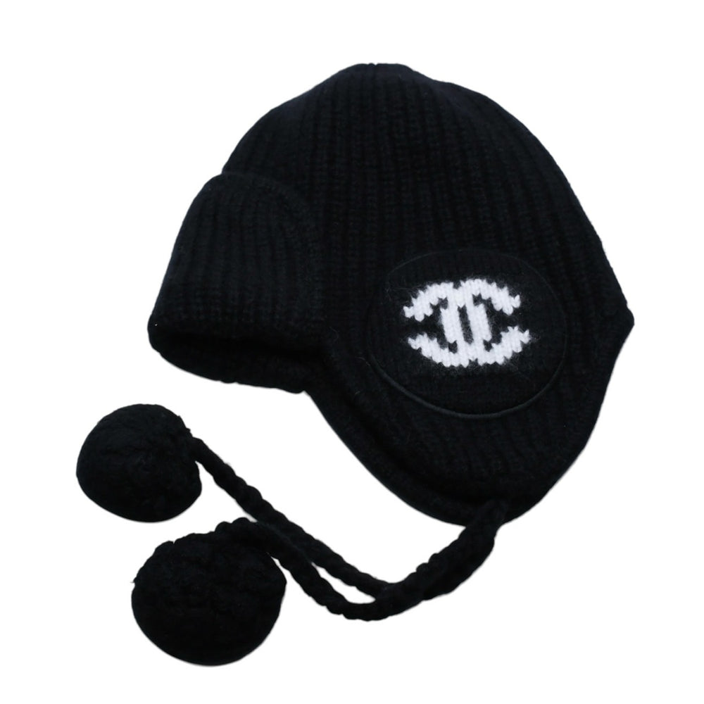 新品未使用 CHANEL シャネル 26AW フライトキャップ パイロットキャップ ボンボン付き ニット帽 AAB271 ココマーク カシミヤ シルク ブラック 中古 4a001770