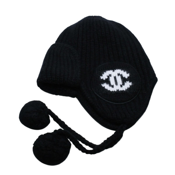 New and unused CHANEL 26AW Flight Cap Pilot Cap with Bonbon Knit Cap AAB271 Coco Mark Cashmere Silk Black Used 4a001770