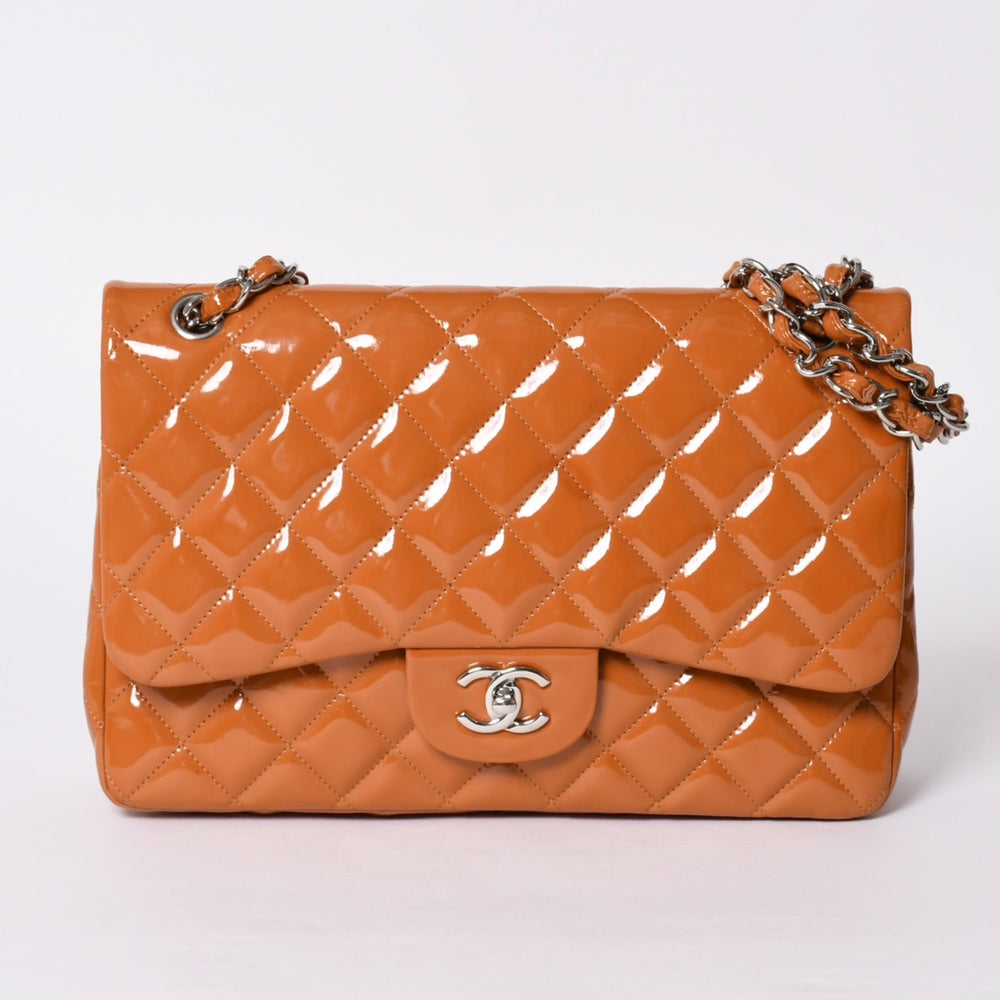 CHANEL CHANEL Deca Matelasse 30 W Flap W Chain Shoulder Bag No. 14 Coco Mark Patent Leather Orange Good Condition Used 4a001597