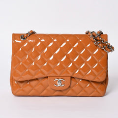 CHANEL シャネル デカマトラッセ30 Wフラップ Wチェーンショルダーバッグ 14番台 ココマーク パテントレザー オレンジ 美品 中古 4a001597