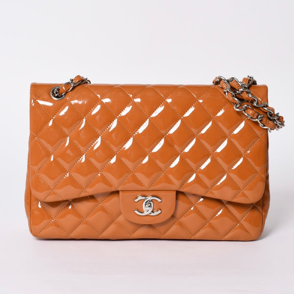 CHANEL シャネル デカマトラッセ30 Wフラップ Wチェーンショルダーバッグ 14番台 ココマーク パテントレザー オレンジ 美品 中古 4a001597