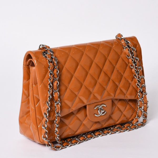 CHANEL シャネル デカマトラッセ30 Wフラップ Wチェーンショルダーバッグ 14番台 ココマーク パテントレザー オレンジ 美品 中古 4a001597