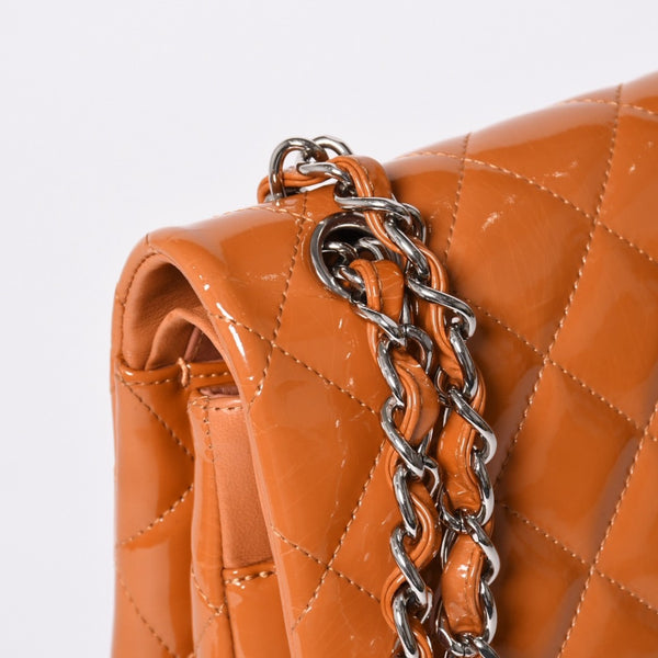 CHANEL シャネル デカマトラッセ30 Wフラップ Wチェーンショルダーバッグ 14番台 ココマーク パテントレザー オレンジ 美品 中古 4a001597