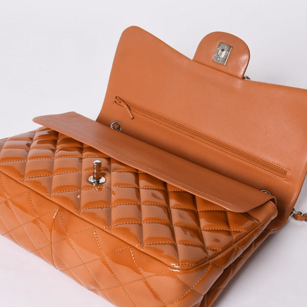 CHANEL シャネル デカマトラッセ30 Wフラップ Wチェーンショルダーバッグ 14番台 ココマーク パテントレザー オレンジ 美品 中古 4a001597