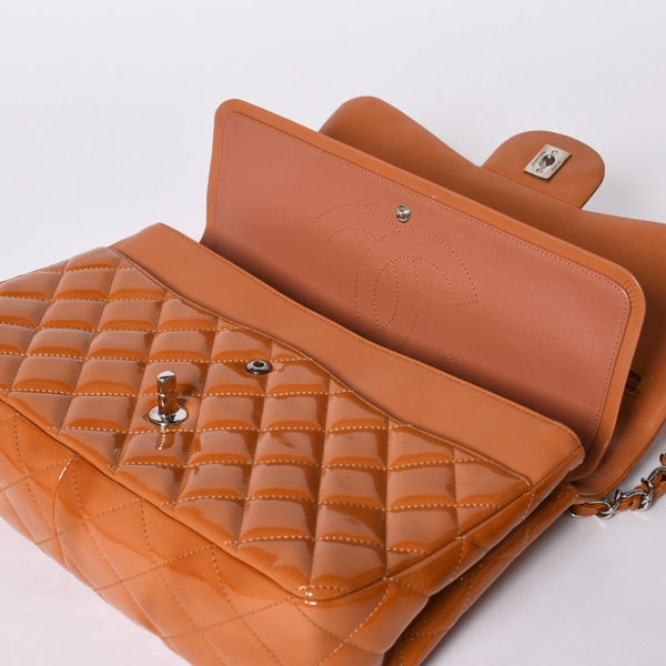 CHANEL シャネル デカマトラッセ30 Wフラップ Wチェーンショルダーバッグ 14番台 ココマーク パテントレザー オレンジ 美品 中古 4a001597