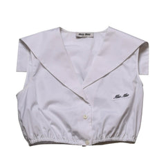 Very good condition MIU MIU Poplin Tops Sailor Style White Shirt Blouse Logo Embroidery Used 4a001753