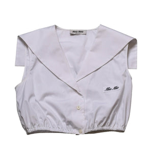 Very good condition MIU MIU Poplin Tops Sailor Style White Shirt Blouse Logo Embroidery Used 4a001753