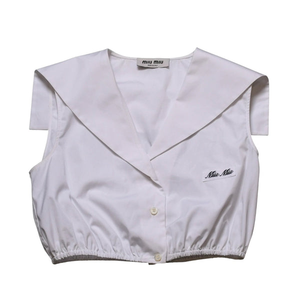 Very good condition MIU MIU Poplin Tops Sailor Style White Shirt Blouse Logo Embroidery Used 4a001753