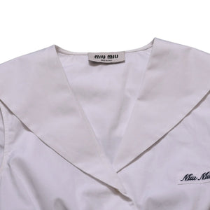 Very good condition MIU MIU Poplin Tops Sailor Style White Shirt Blouse Logo Embroidery Used 4a001753