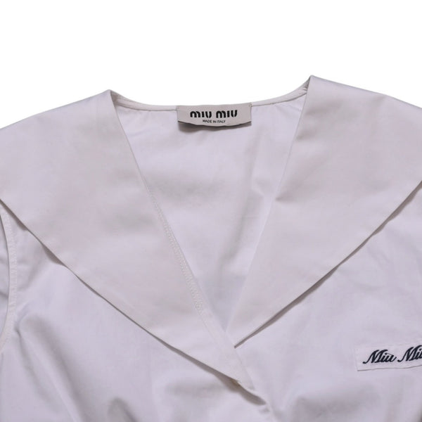 Very good condition MIU MIU Poplin Tops Sailor Style White Shirt Blouse Logo Embroidery Used 4a001753