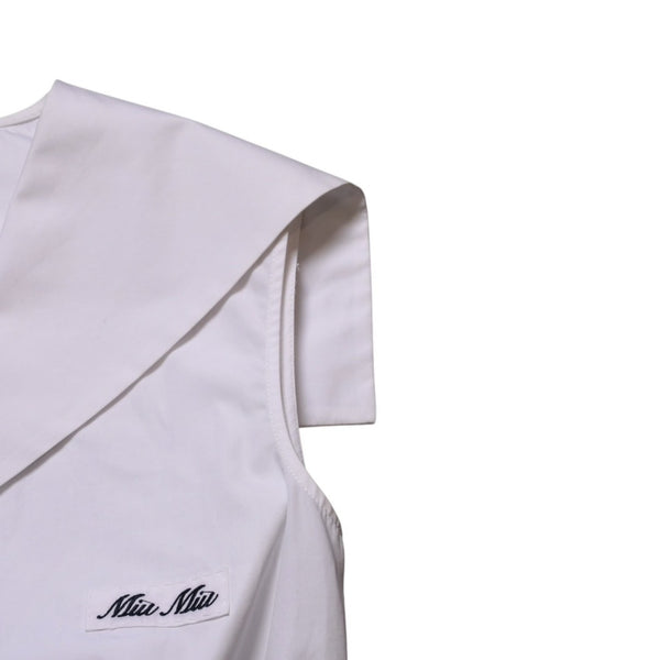 Very good condition MIU MIU Poplin Tops Sailor Style White Shirt Blouse Logo Embroidery Used 4a001753
