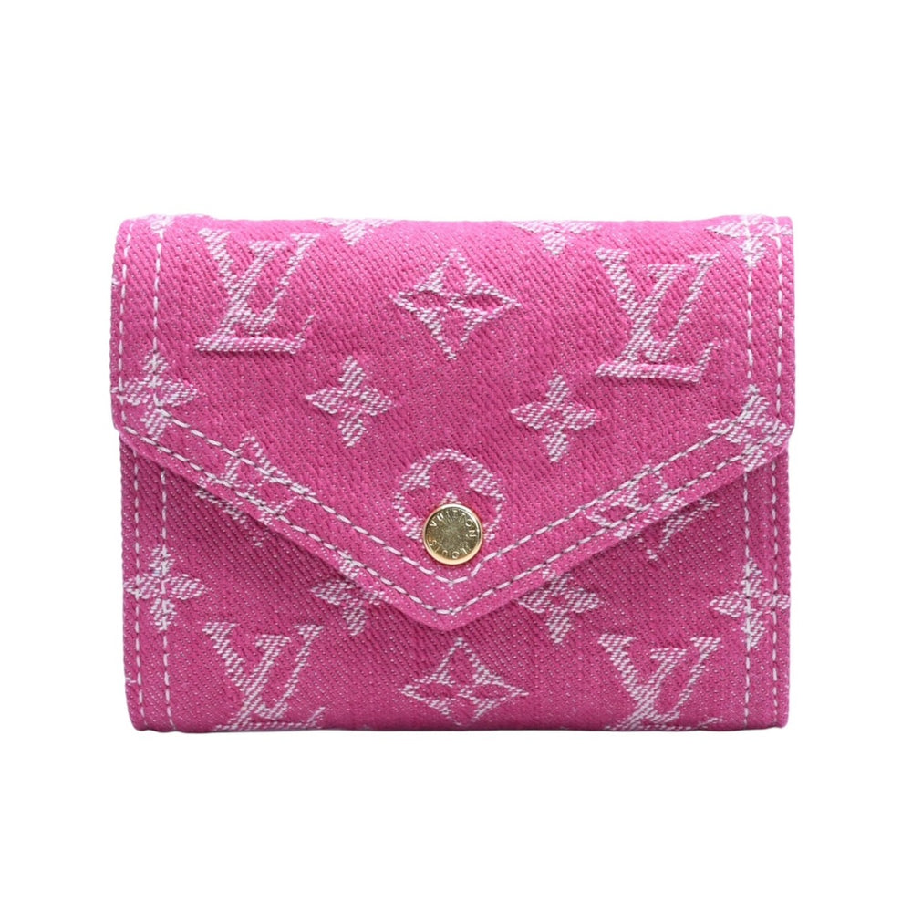Very Good Condition Louis Vuitton Trifold Wallet Monogram Denim Portefeuille Victorine M27707 Fuchsia Denim Reprint New Used 4a001807