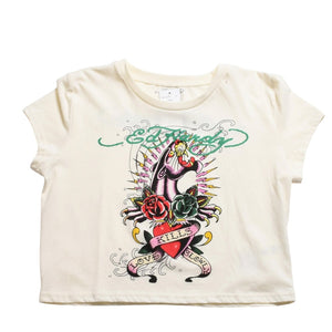 新品未使用 ED HARDY エドハーディ BABY TEE ベイビーティー ピンクパンサー 半袖Tシャツ EH110425 コットン アイボリー マルチカラー サイズXL 中古 4a001864