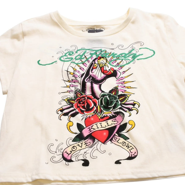 新品未使用 ED HARDY エドハーディ BABY TEE ベイビーティー ピンクパンサー 半袖Tシャツ EH110425 コットン アイボリー マルチカラー サイズL 中古 4a001865
