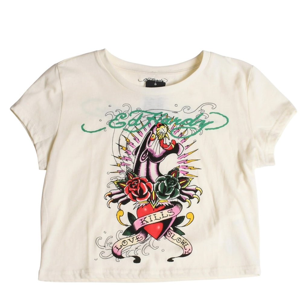 新品未使用 ED HARDY エドハーディ BABY TEE ベイビーティー ピンクパンサー 半袖Tシャツ EH110425 コットン アイボリー マルチカラー サイズXL 中古 4a001866