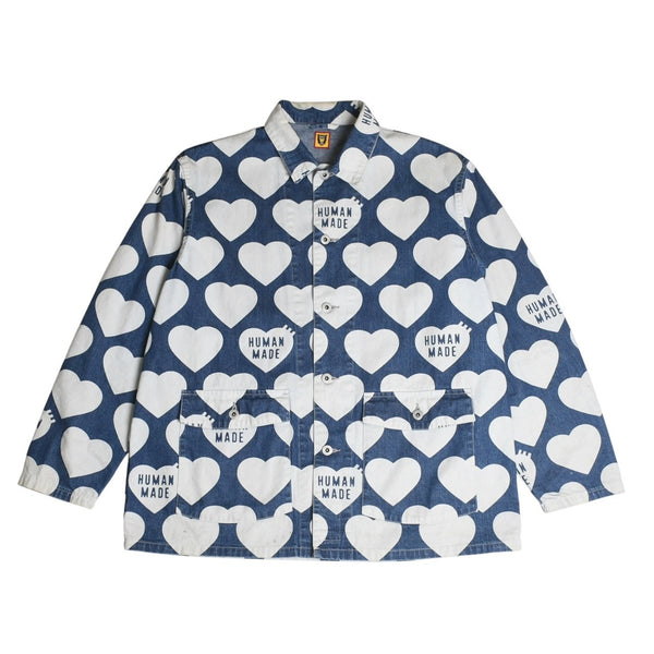 HUMAN MADE ヒューマンメイド 長袖シャツ Heart Denim Coverall Jacket ネイビー ホワイト シルバー金具 サイズXL 美品 中古 4a001870