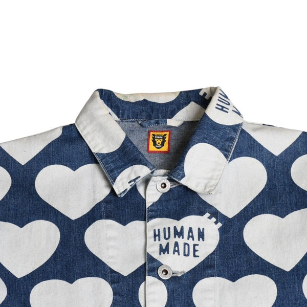 HUMAN MADE ヒューマンメイド 長袖シャツ Heart Denim Coverall Jacket ネイビー ホワイト シルバー金具 サイズXL 美品 中古 4a001870