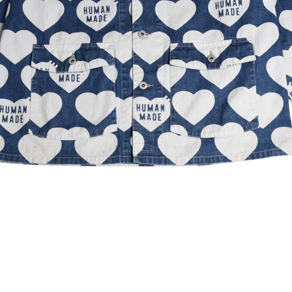 HUMAN MADE ヒューマンメイド 長袖シャツ Heart Denim Coverall Jacket ネイビー ホワイト シルバー金具 サイズXL 美品 中古 4a001870
