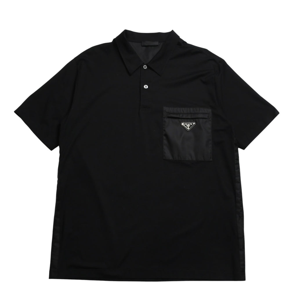 新品同様 PRADA プラダ Re-Nylonディテール付 ストレッチコットン ポロシャツ UJN675 トライアングルロゴ ブラック サイズXXXL シルバー金具 中古 4a001872