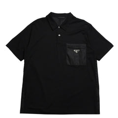 新品同様 PRADA プラダ Re-Nylonディテール付 ストレッチコットン ポロシャツ UJN675 トライアングルロゴ ブラック サイズXXXL シルバー金具 中古 4a001872
