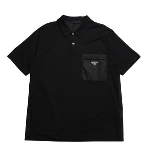 新品同様 PRADA プラダ Re-Nylonディテール付 ストレッチコットン ポロシャツ UJN675 トライアングルロゴ ブラック サイズXXXL シルバー金具 中古 4a001872